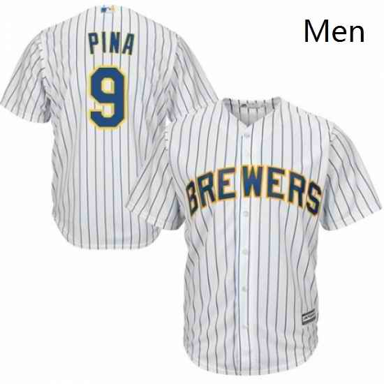 Mens Majestic Milwaukee Brewers 9 Manny Pina Replica White Home Cool Base MLB Jersey